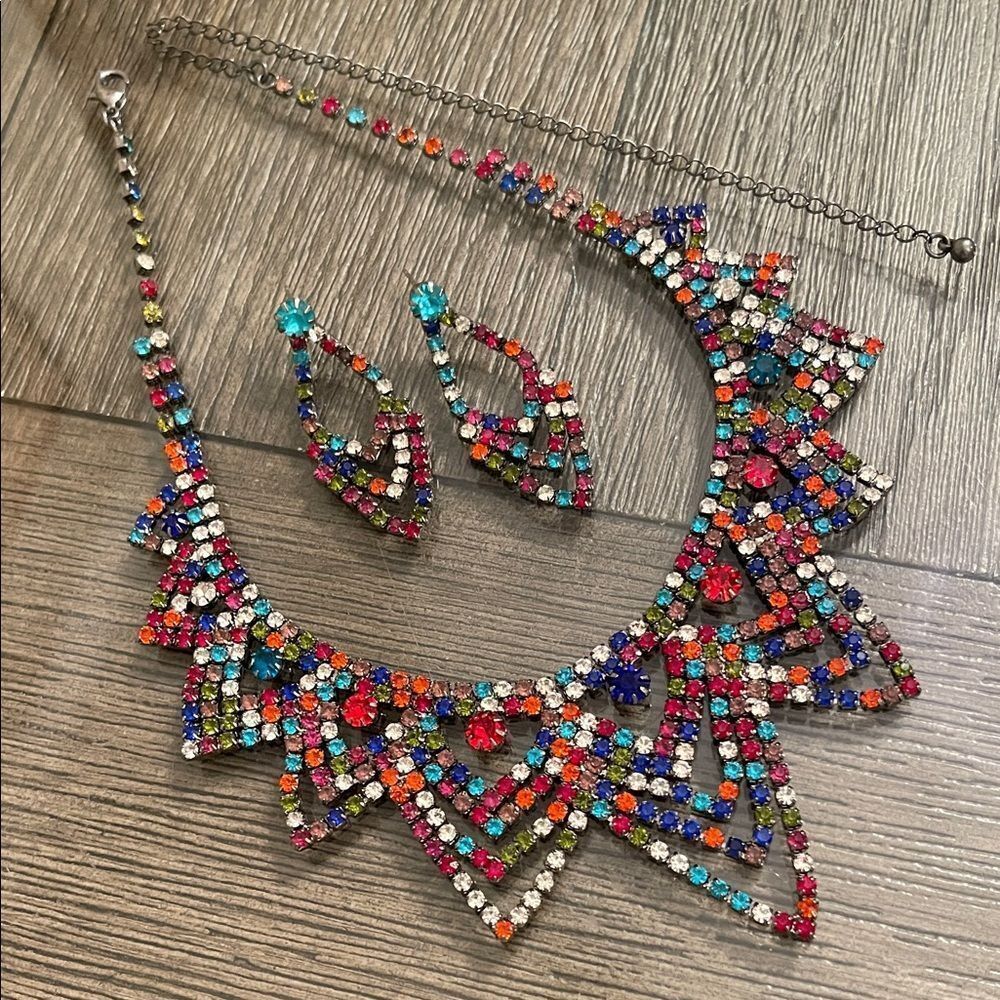 Multicolor Rhinestone Statement Necklace and Earring Set, Gunmetal Setting